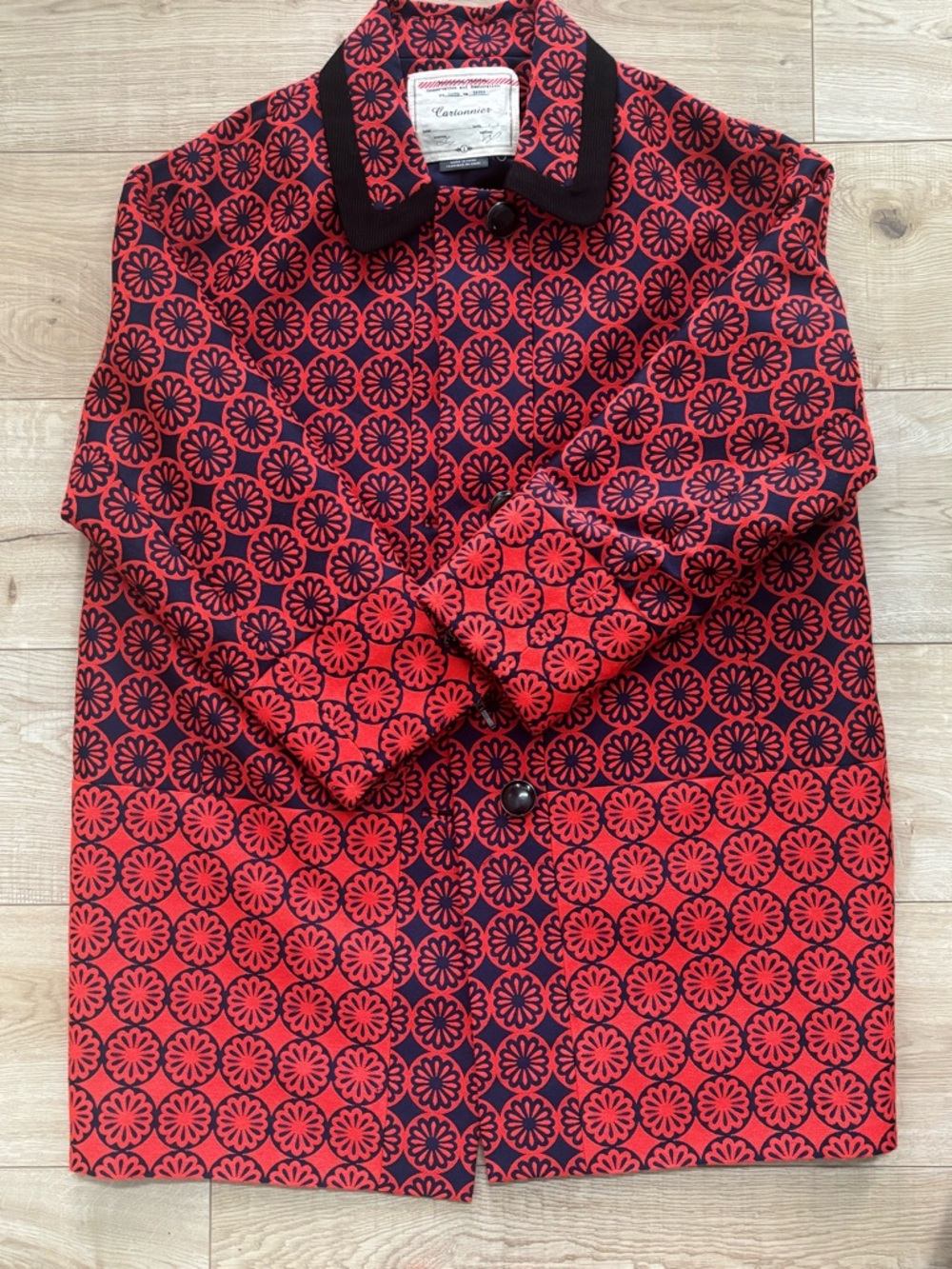 Anthropologie Red and Blue Floral Wool Blend Embellished Jacket Cartonnier